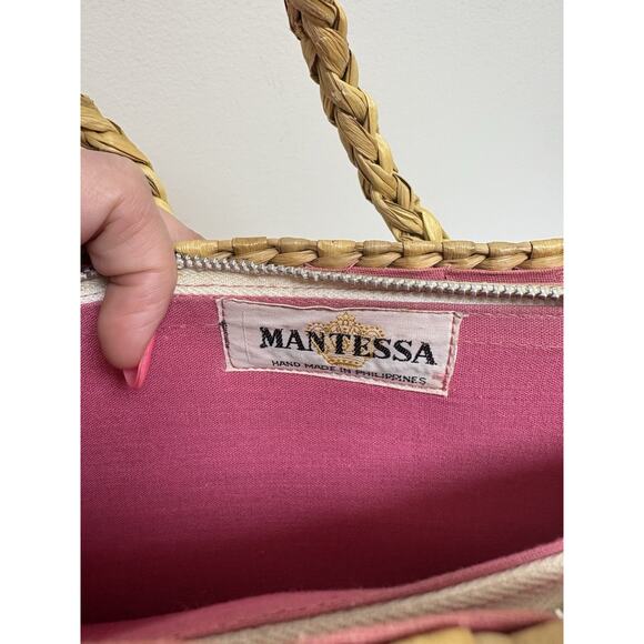 Mantessa Woven Straw Raffia Flower Tote Bag Pink White Boho Cottagecore - Picture 10 of 13